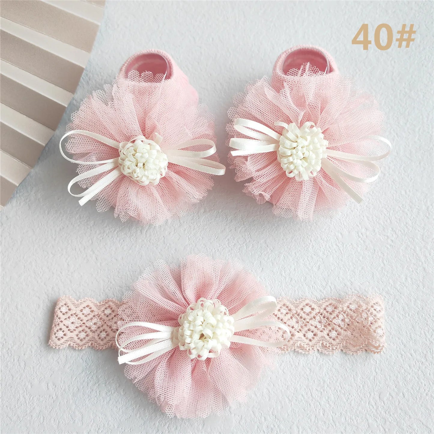 Lace Flower Baby Girl Headband Socks Set